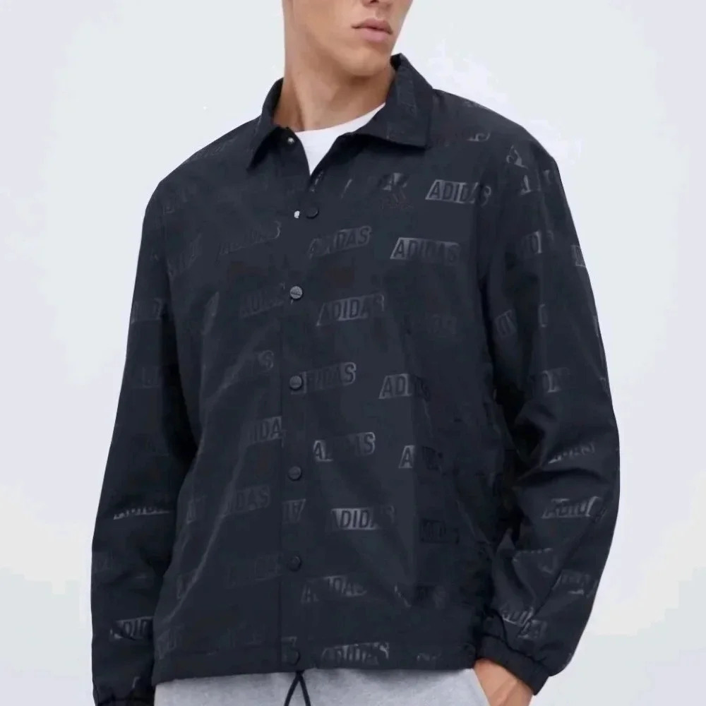 ADIDAS  BLACK EMBOSSED WOVEN COACHES JACKET SHIRT LIGHTWEIGHT ALL OVER s…